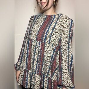 Boho Tiered Babydoll Tunic Flowy Cottagecore Lagenlook L